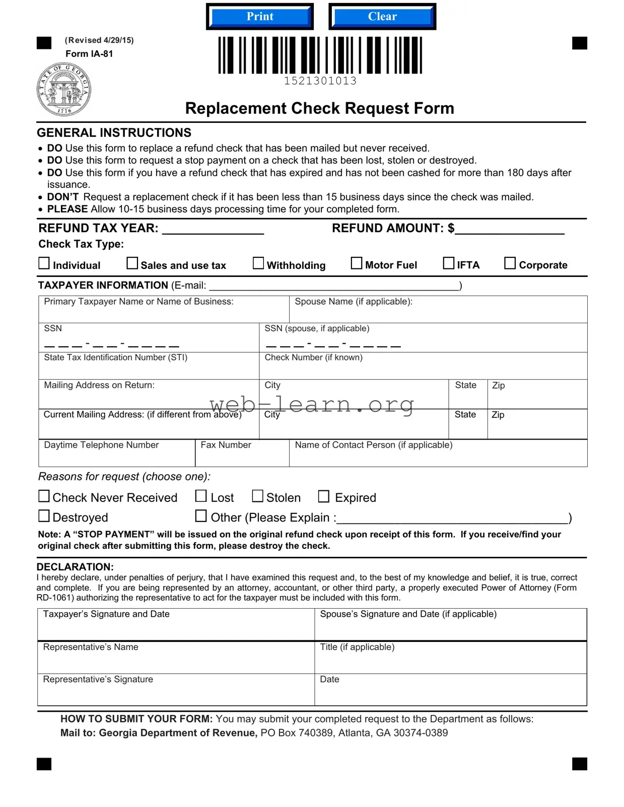Blank Replacement Check Request Georgia Form