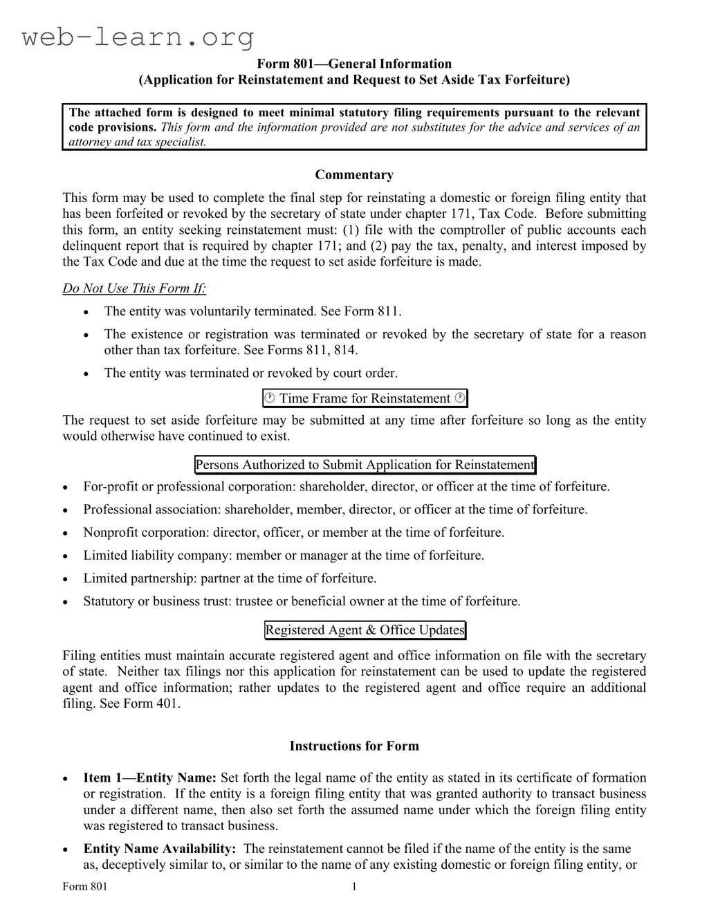 Blank 801 Texas Form