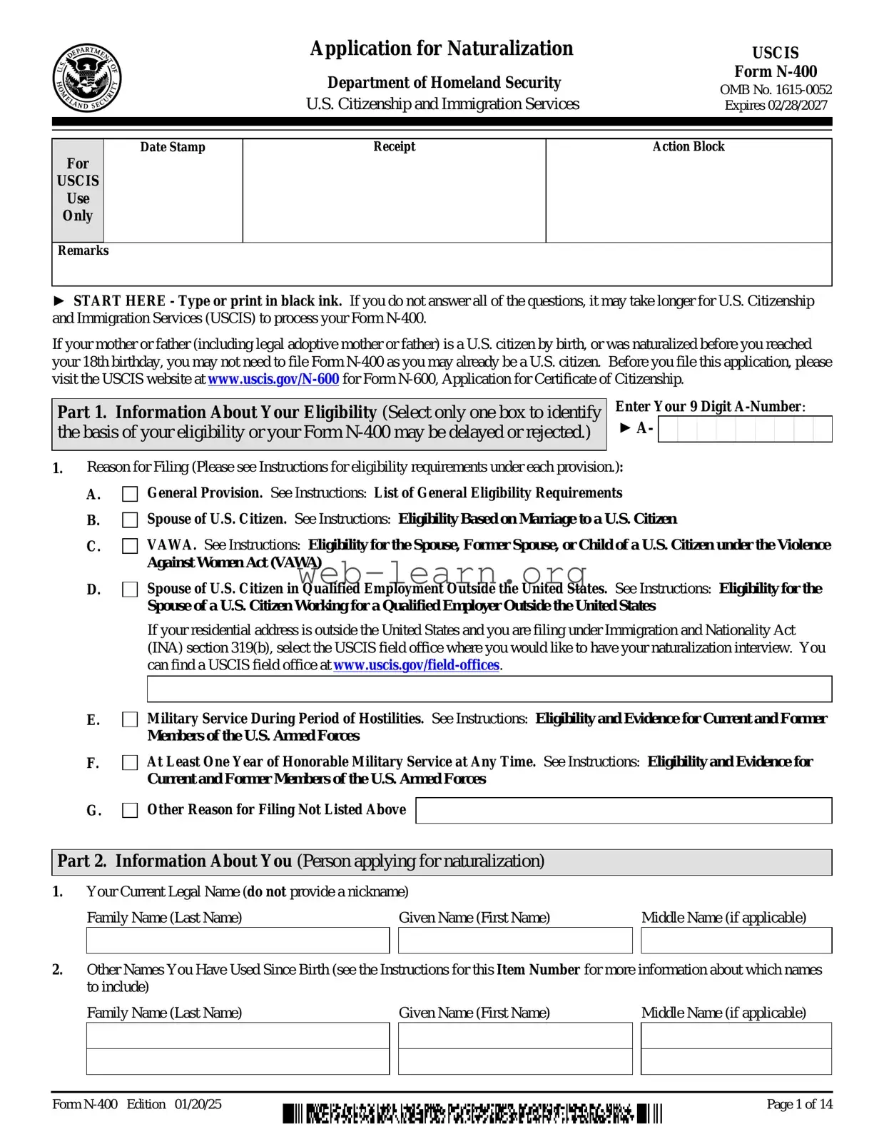 Blank USCIS N-400 Form