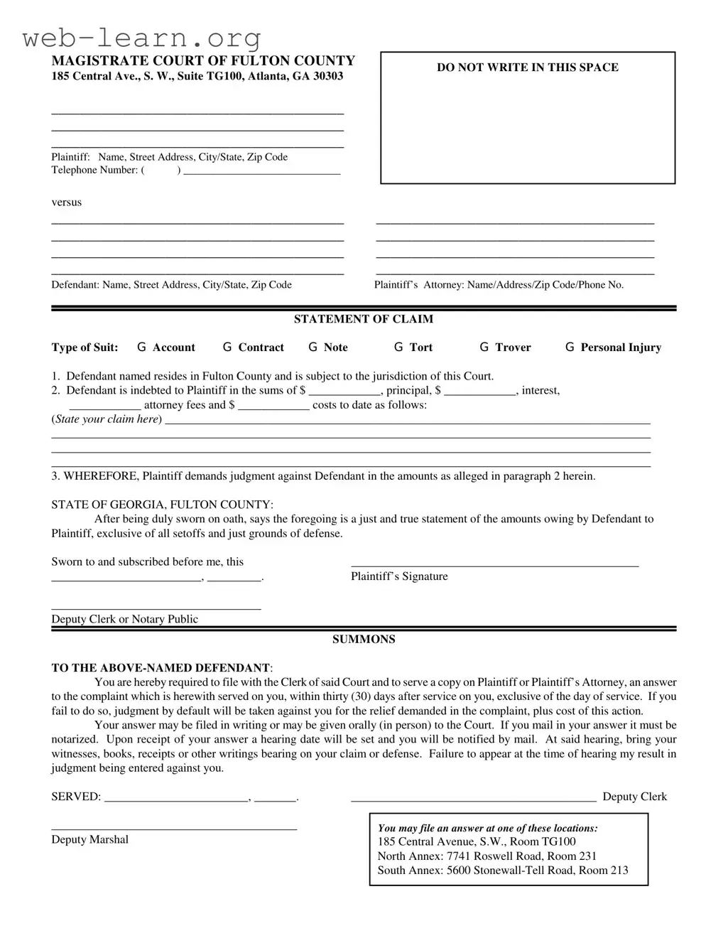 Blank Georgia Statement Claim Fulton Form