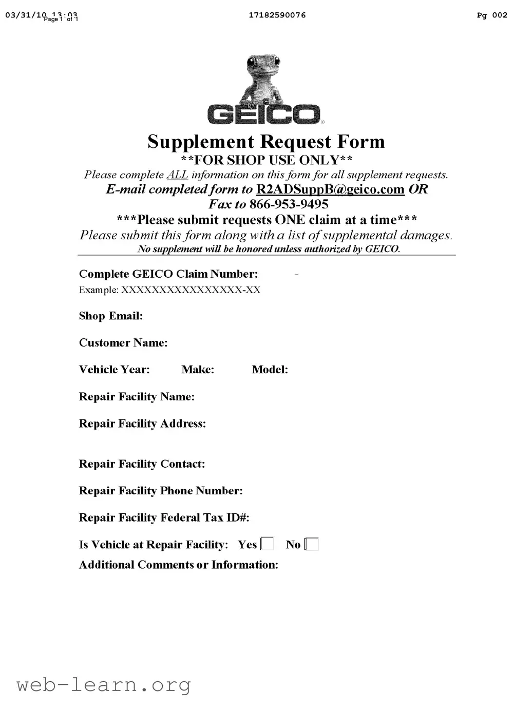 Blank Geico Supplement Request Form