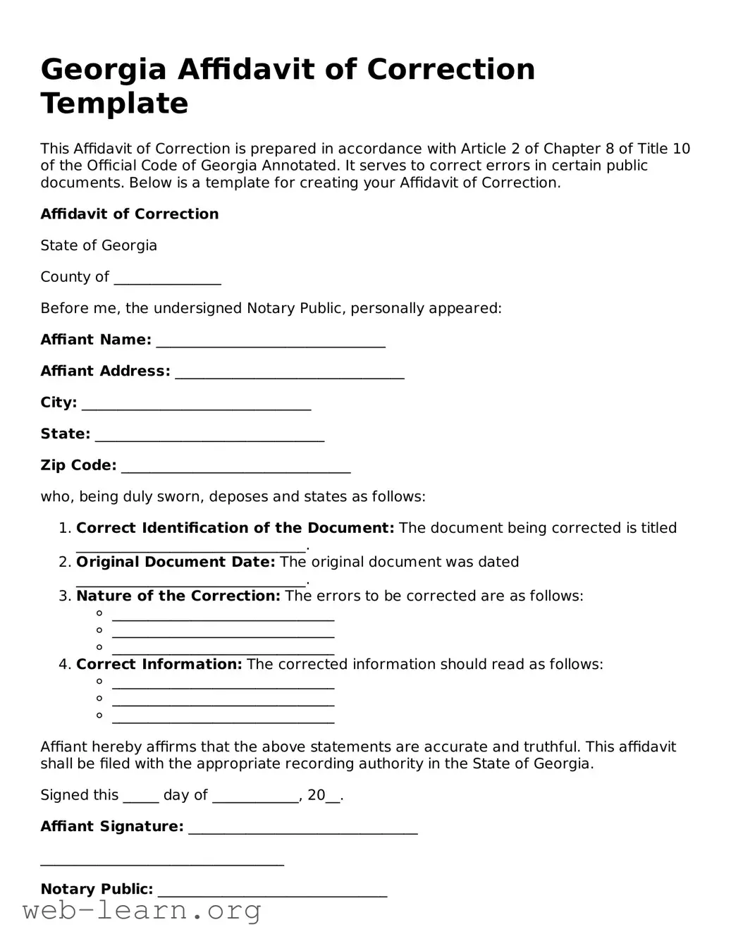 Attorney-Approved Affidavit of Correction Document for the State of Georgia