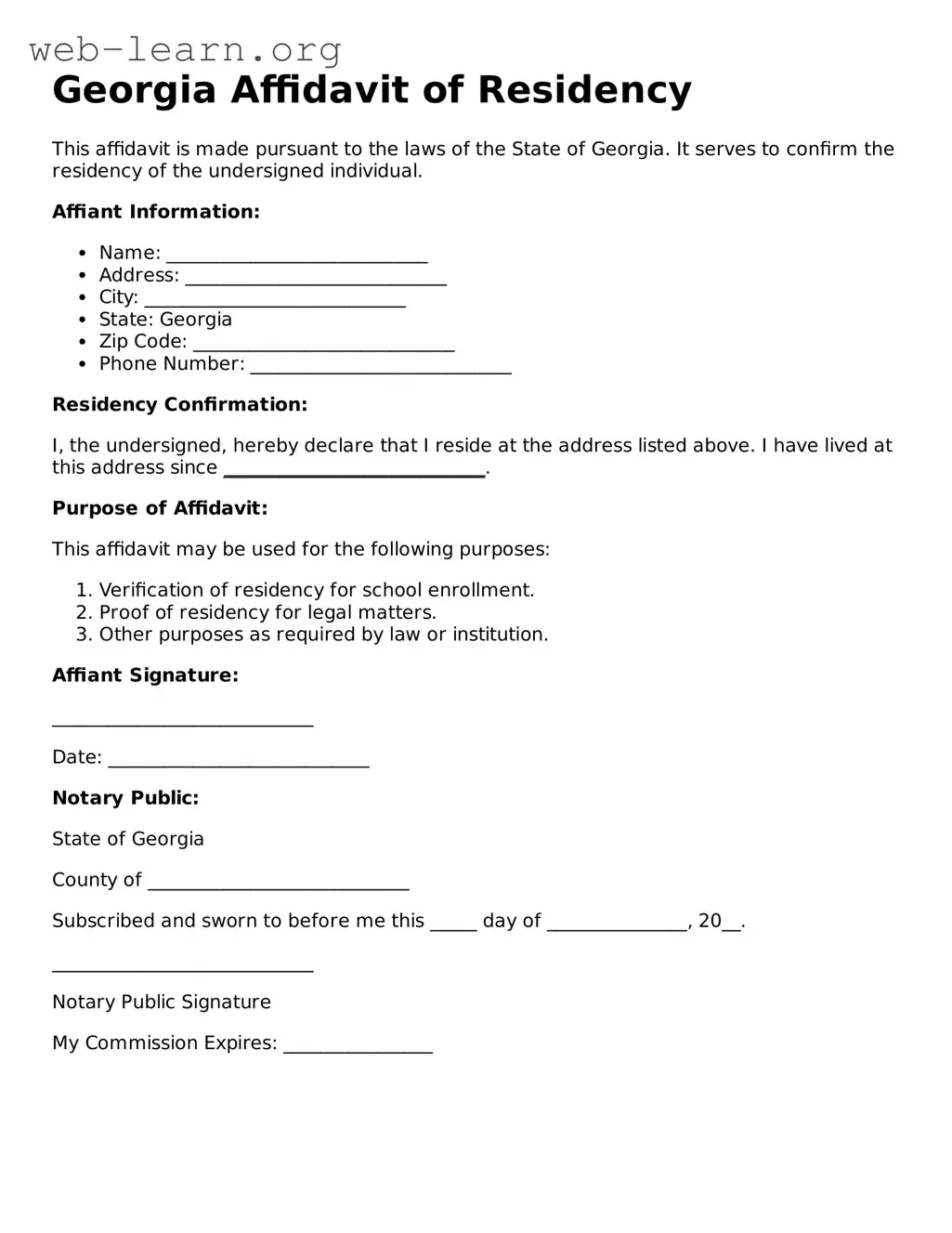 Attorney-Approved Affidavit of Residency Document for the State of Georgia