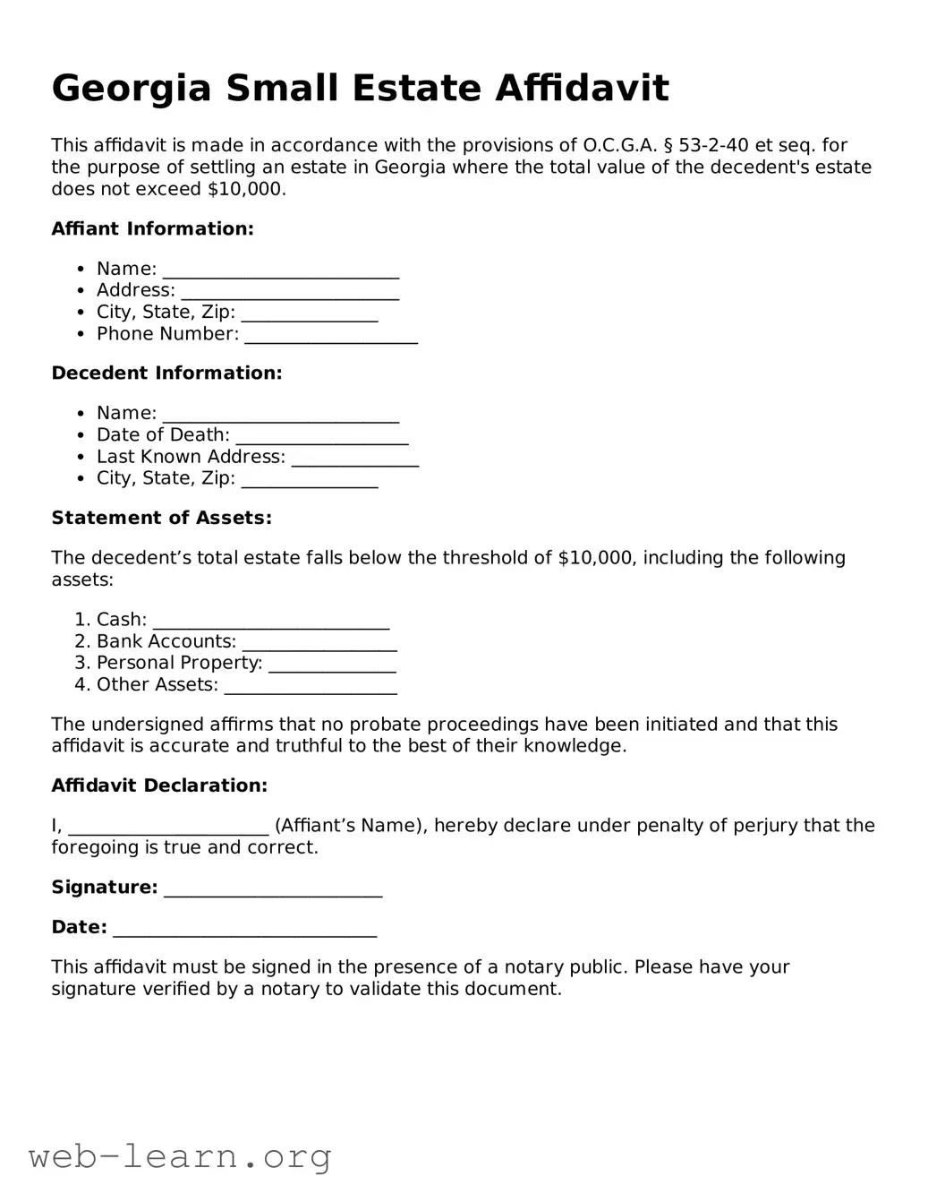 Attorney-Approved Small Estate Affidavit Document for the State of Georgia