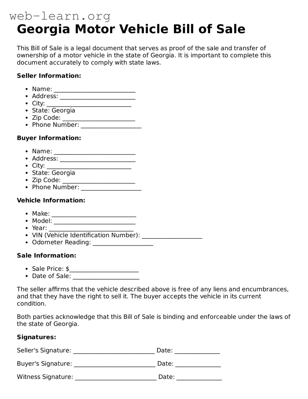 Attorney-Approved Motor Vehicle Bill of Sale Document for the State of Georgia
