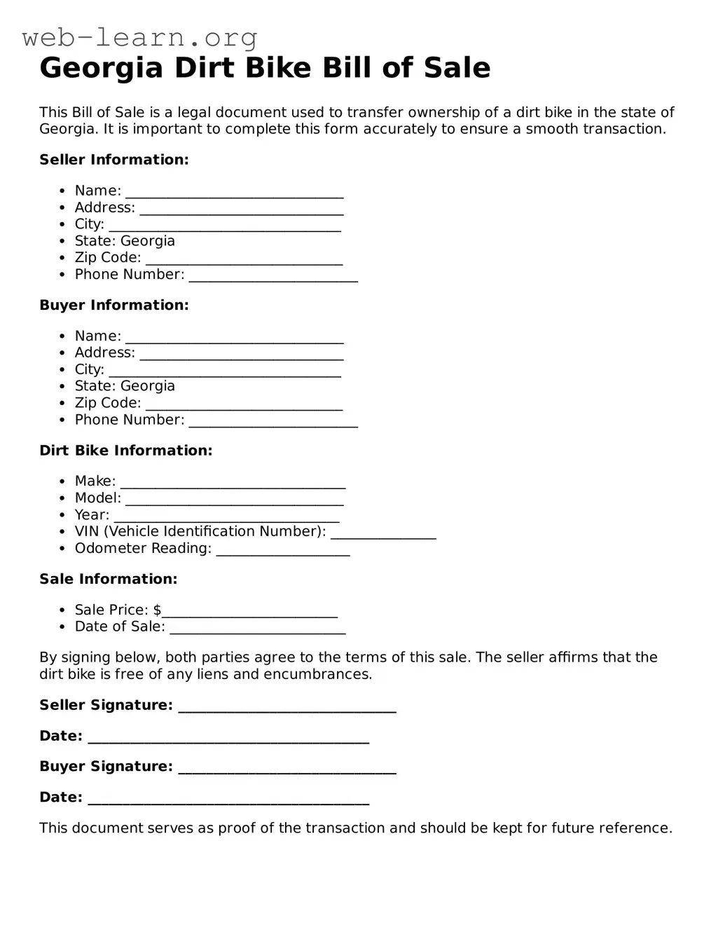 Attorney-Approved Dirt Bike Bill of Sale Document for the State of Georgia