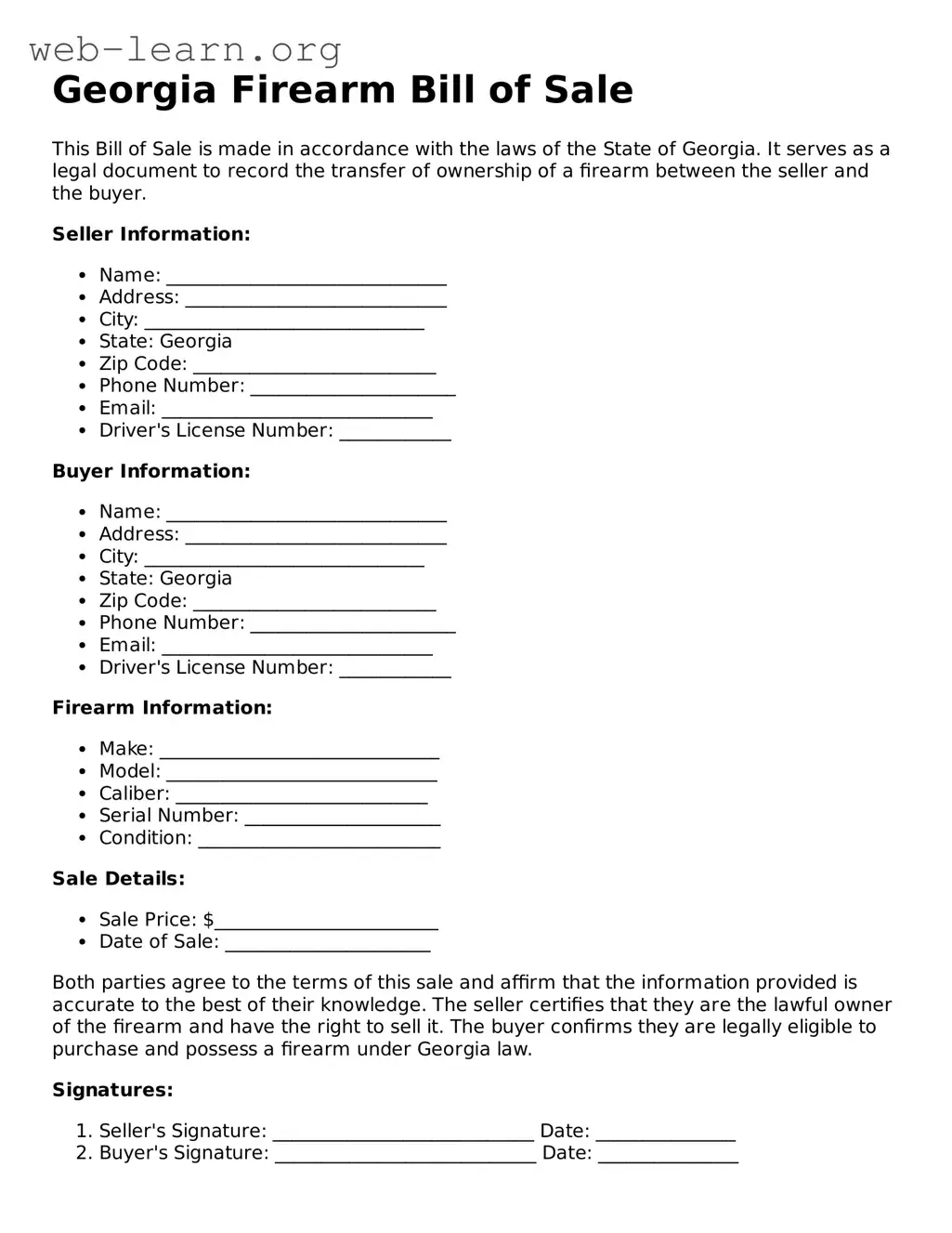 Attorney-Approved Firearm Bill of Sale Document for the State of Georgia