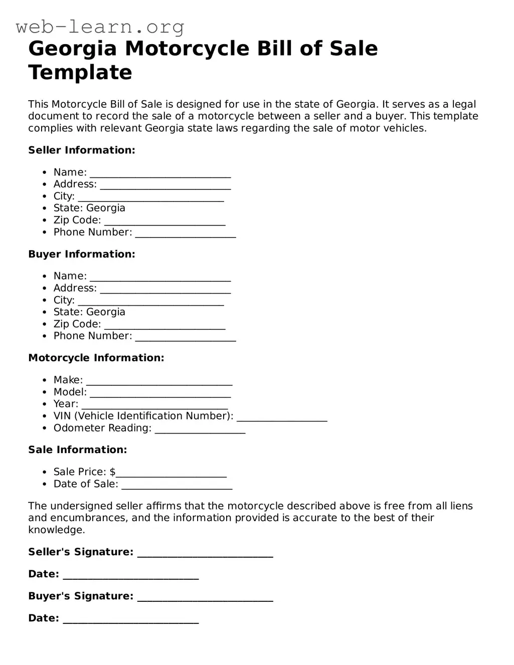 Attorney-Approved Motorcycle Bill of Sale Document for the State of Georgia