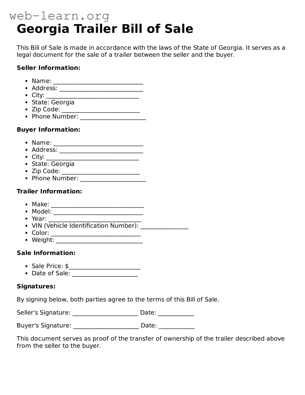 Attorney-Approved Trailer Bill of Sale Document for the State of Georgia