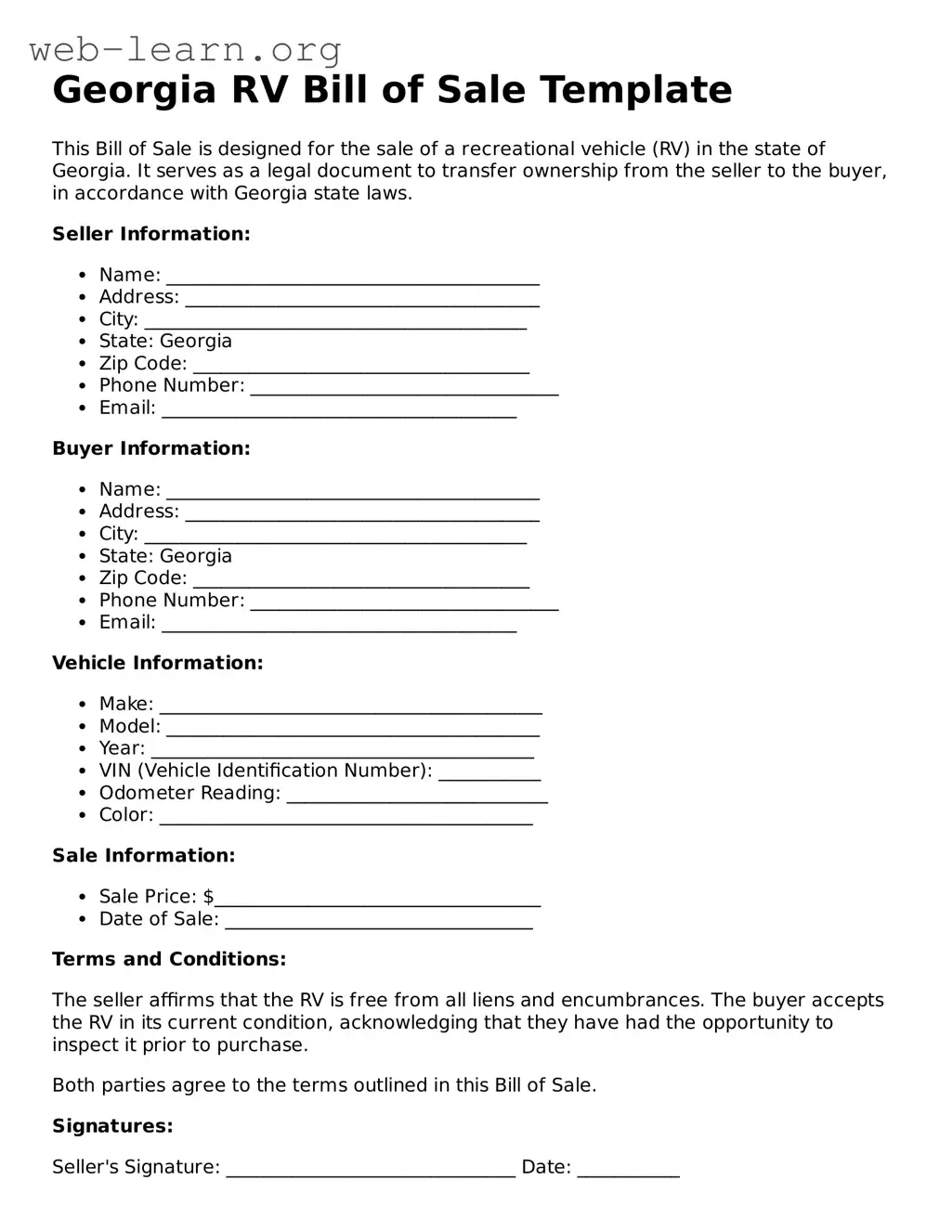 Attorney-Approved RV Bill of Sale Document for the State of Georgia