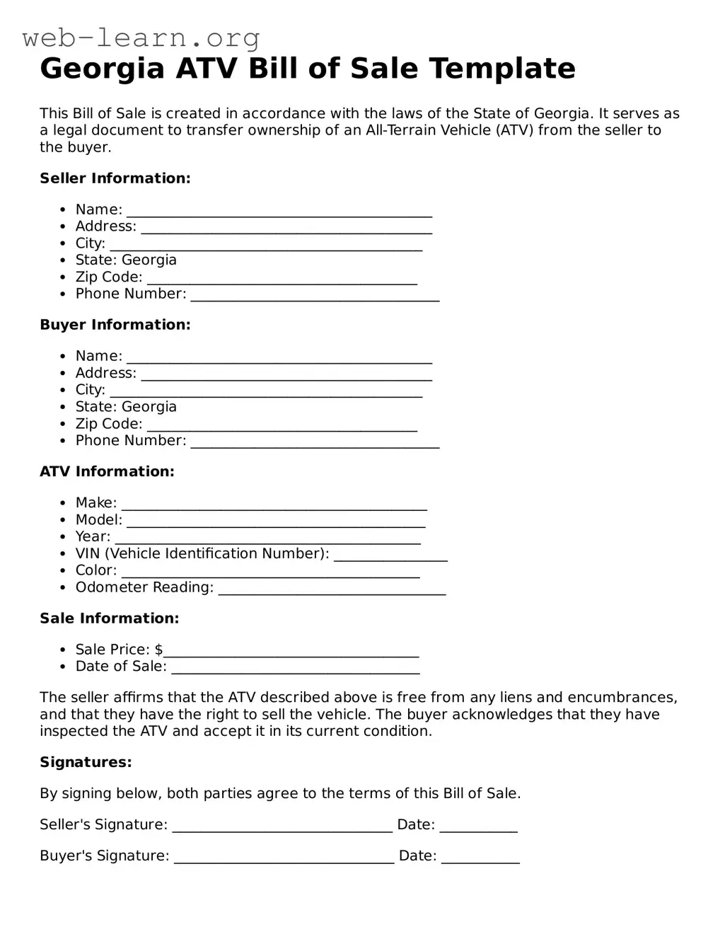 Attorney-Approved ATV Bill of Sale Document for the State of Georgia
