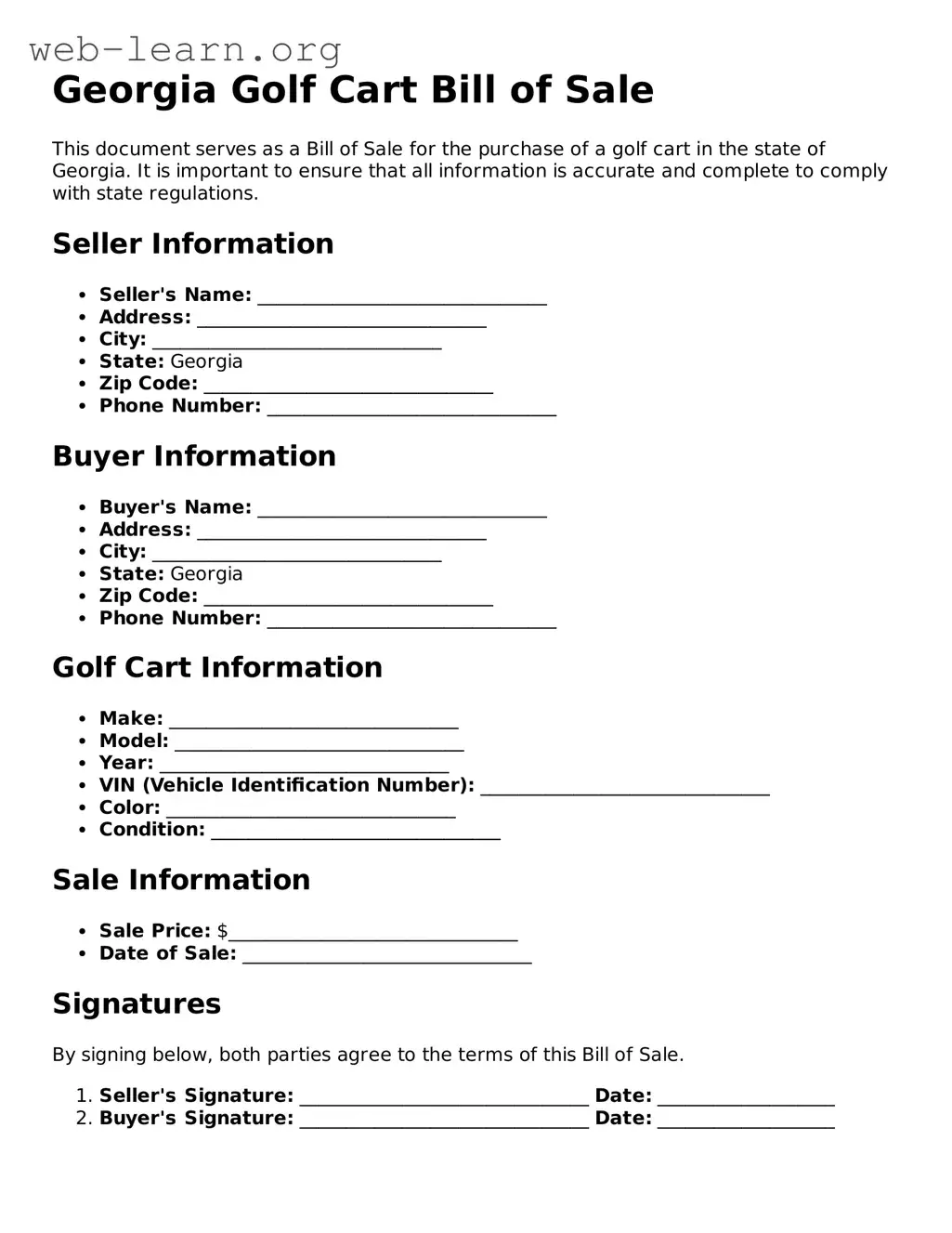 Attorney-Approved Golf Cart Bill of Sale Document for the State of Georgia
