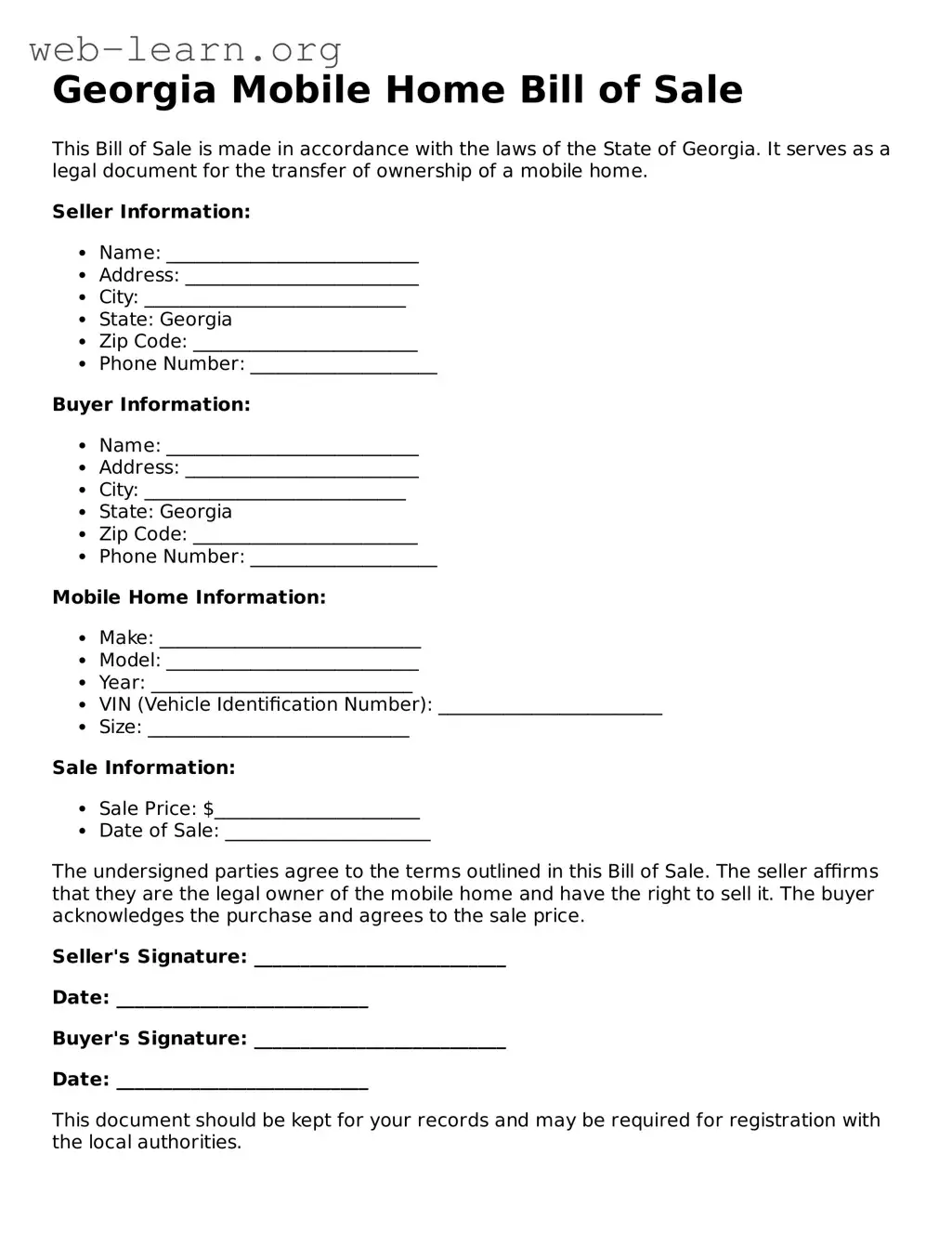 Attorney-Approved Mobile Home Bill of Sale Document for the State of Georgia
