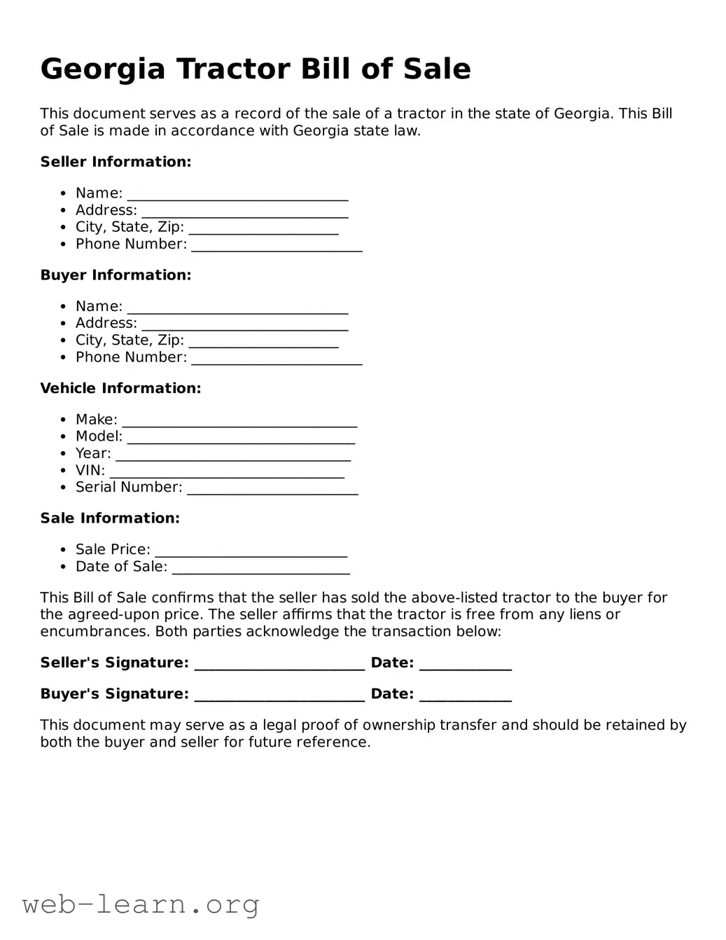 Attorney-Approved Tractor Bill of Sale Document for the State of Georgia