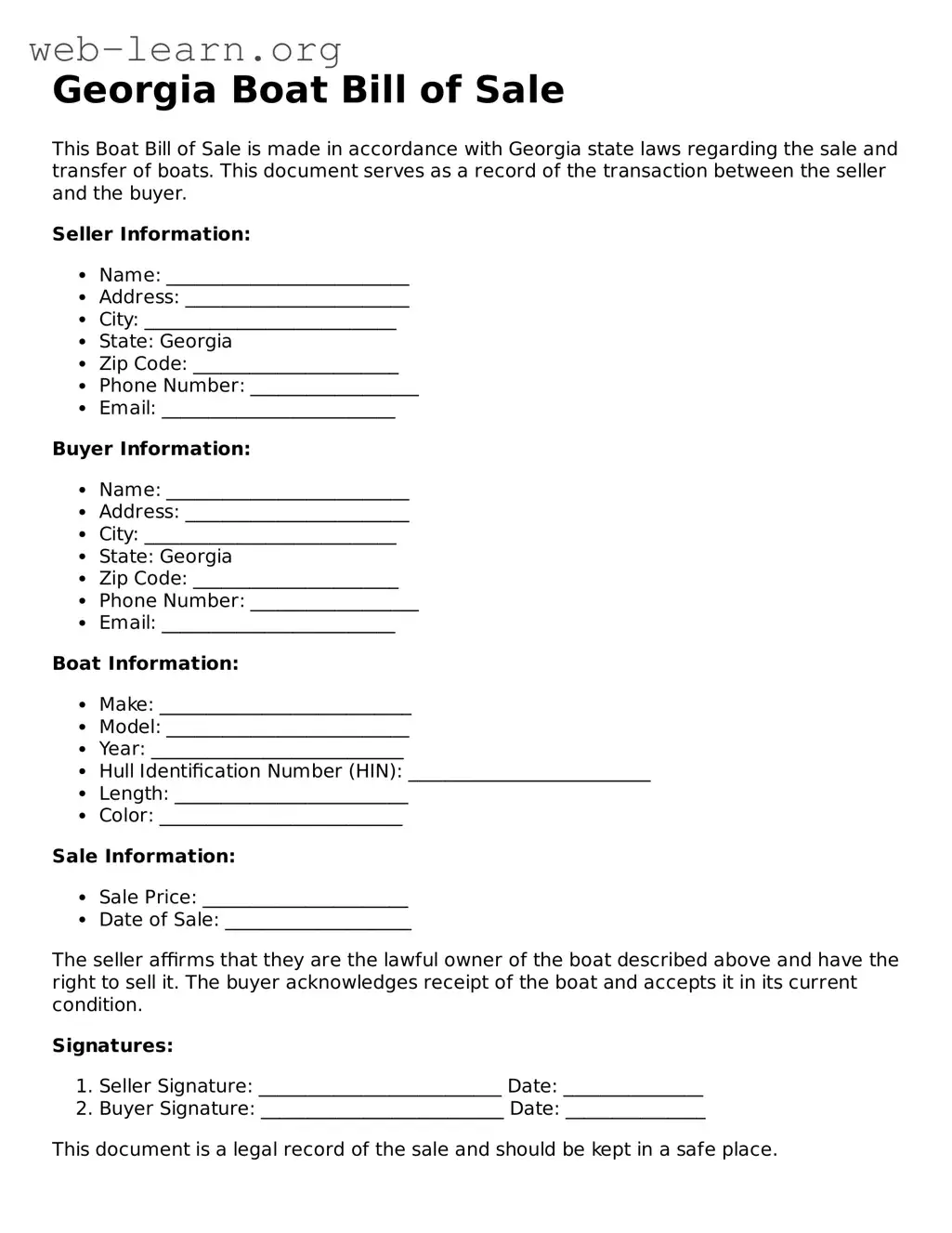 Attorney-Approved Boat Bill of Sale Document for the State of Georgia