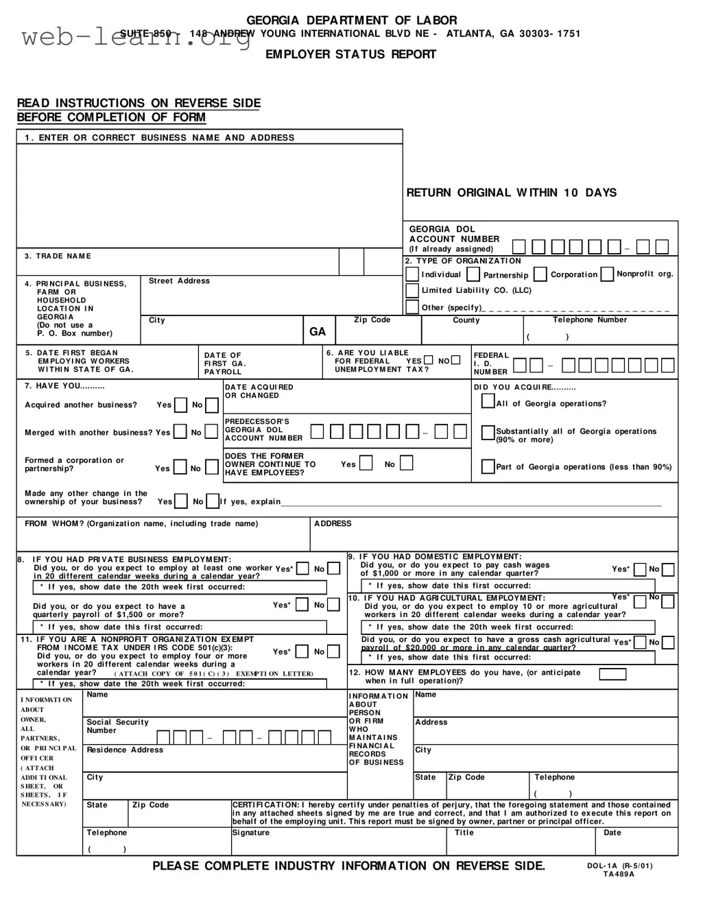 Blank Georgia Department Of Labor Form