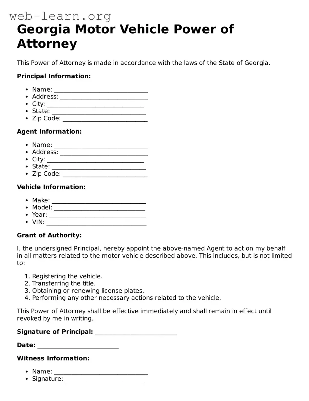Attorney-Approved Motor Vehicle Power of Attorney Document for the State of Georgia