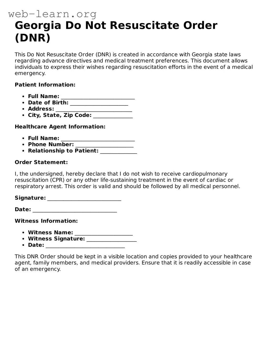 Attorney-Approved Do Not Resuscitate Order Document for the State of Georgia