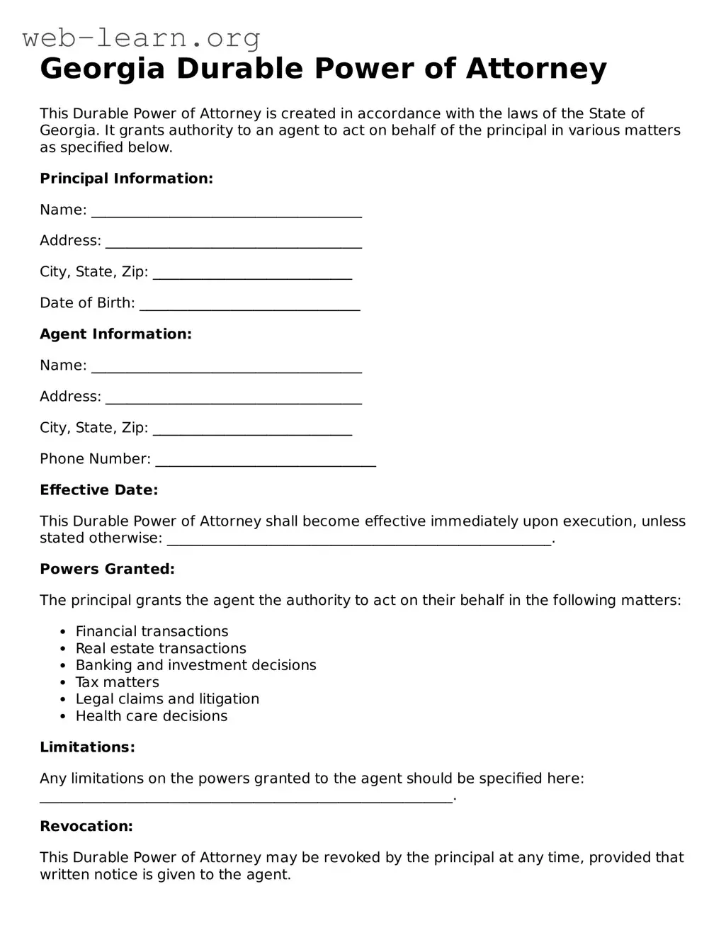 Attorney-Approved Durable Power of Attorney Document for the State of Georgia