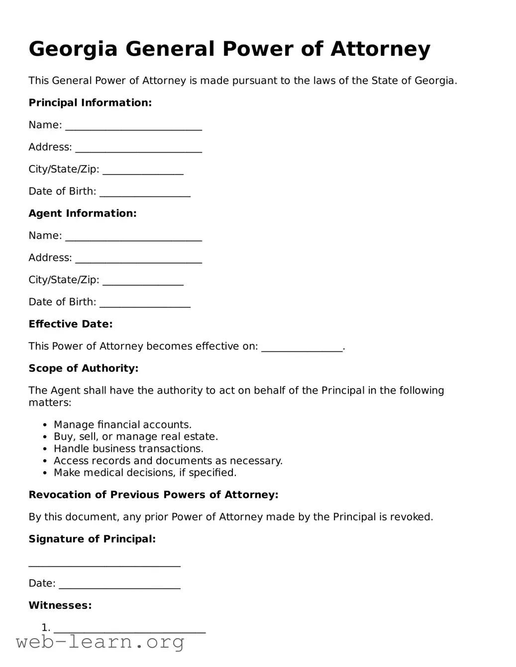 Attorney-Approved General Power of Attorney Document for the State of Georgia