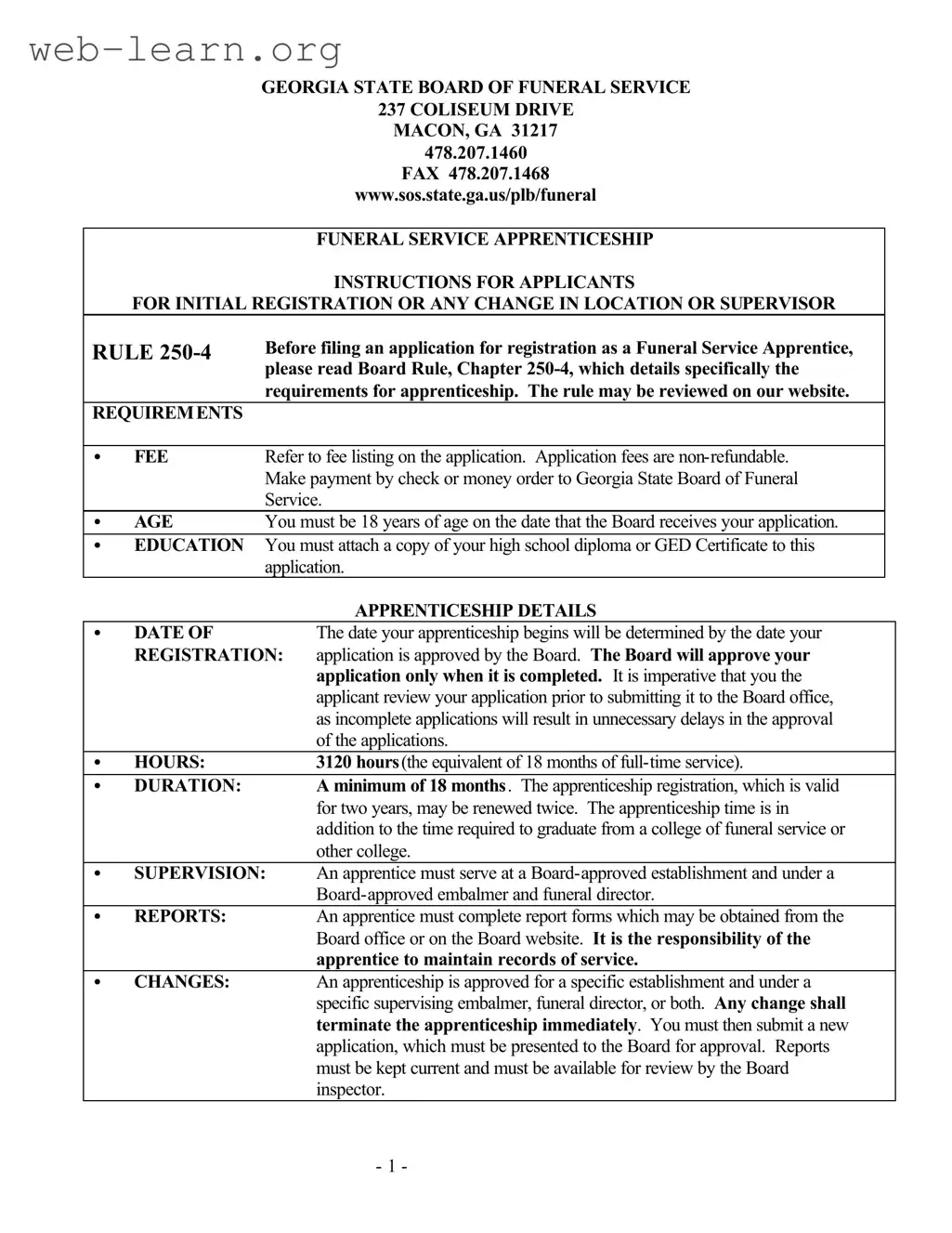 Blank Georgia Funeral Service Apprenticeship Form