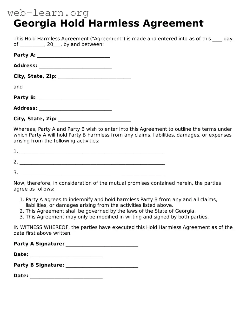 Attorney-Approved Hold Harmless Agreement Document for the State of Georgia