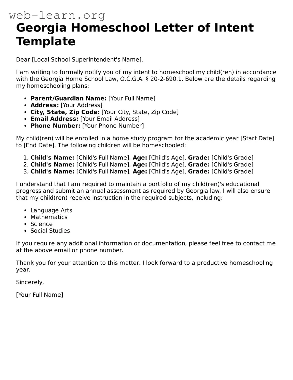 Attorney-Approved Homeschool Letter of Intent Document for the State of Georgia
