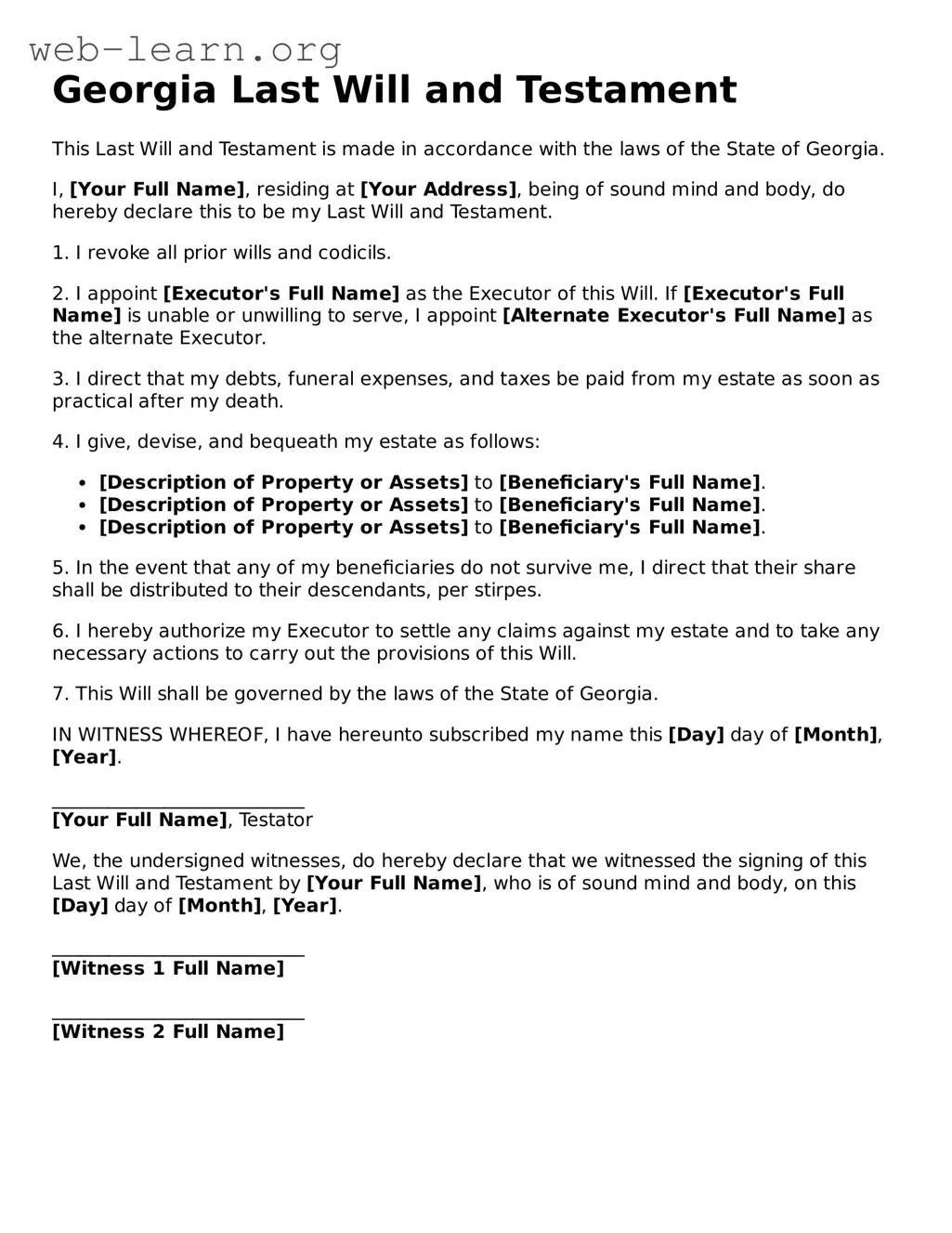 Attorney-Approved Last Will and Testament Document for the State of Georgia