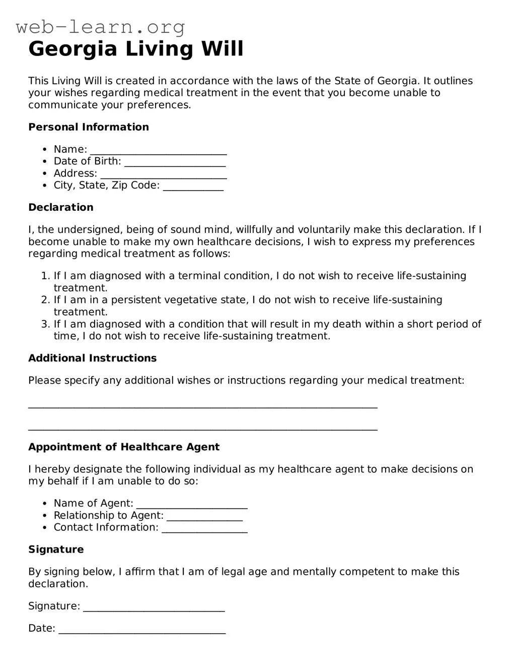 Attorney-Approved Living Will Document for the State of Georgia