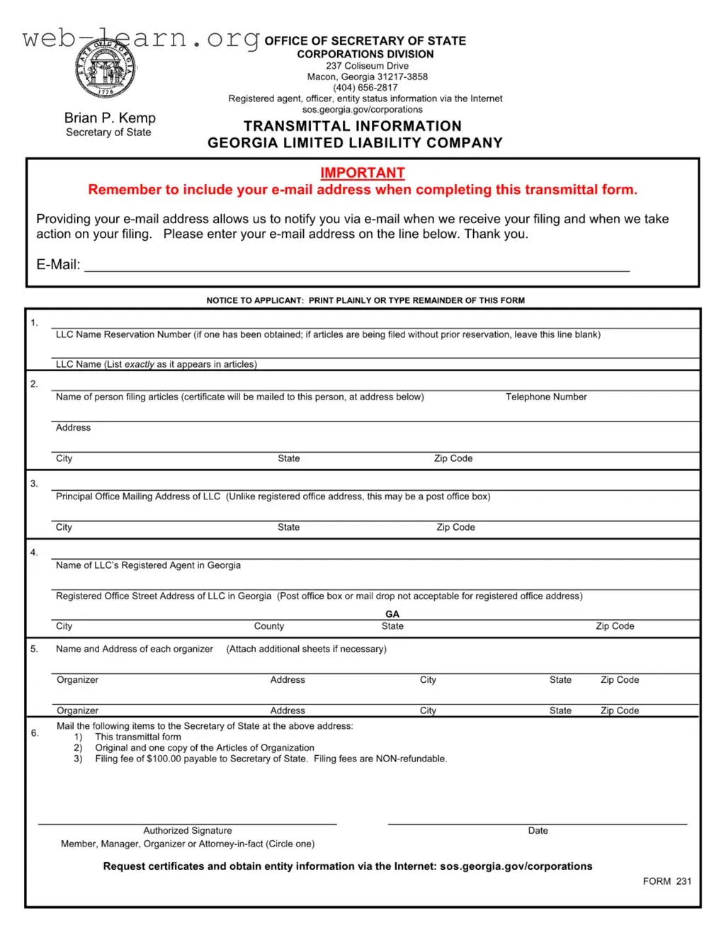 Blank Georgia 231 Form