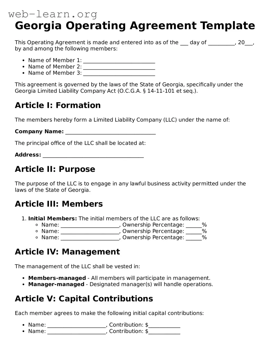 Attorney-Approved Operating Agreement Document for the State of Georgia