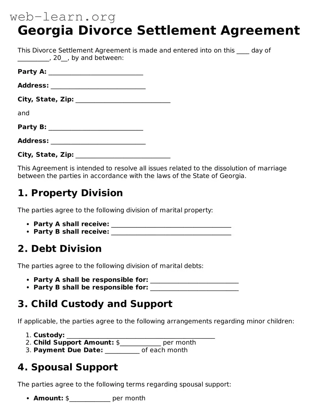 Attorney-Approved Divorce Settlement Agreement Document for the State of Georgia