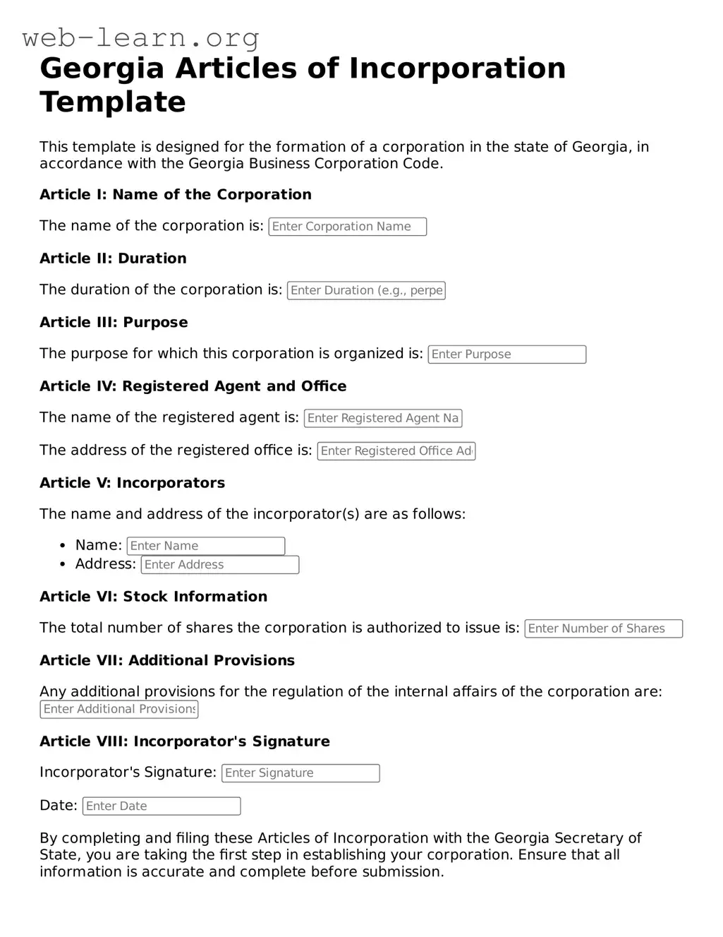 Attorney-Approved Articles of Incorporation Document for the State of Georgia