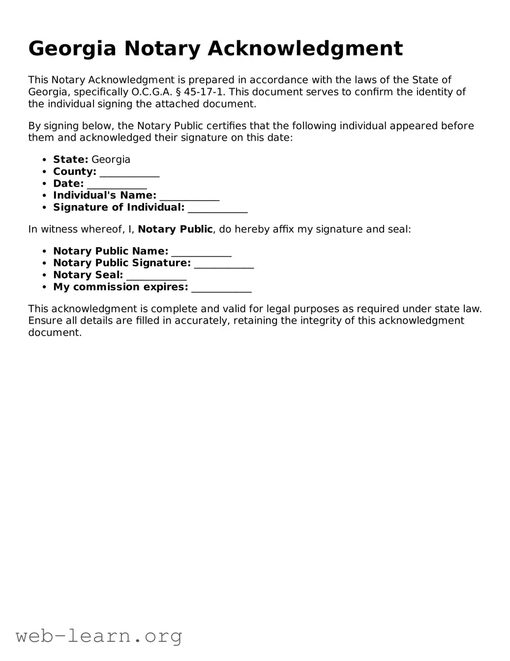 Attorney-Approved Notary Acknowledgement Document for the State of Georgia