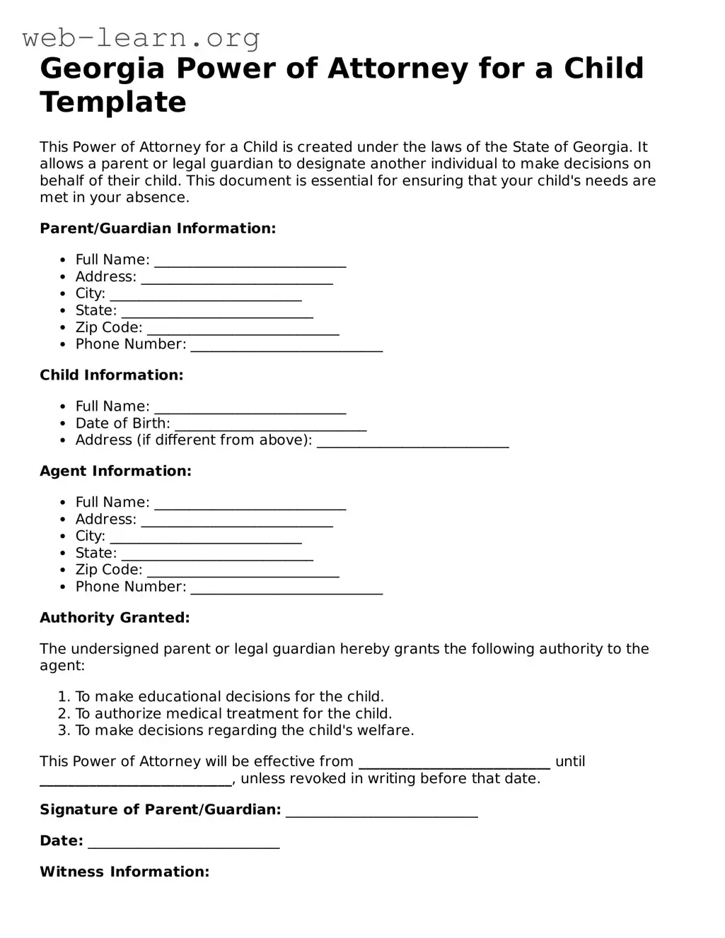 Attorney-Approved Power of Attorney for a Child Document for the State of Georgia