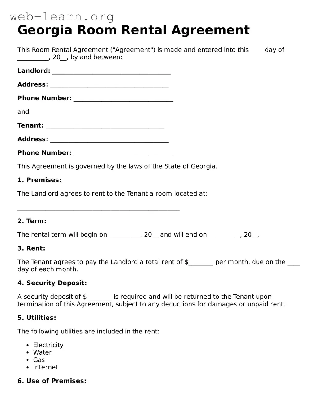 Attorney-Approved Room Rental Agreement Document for the State of Georgia