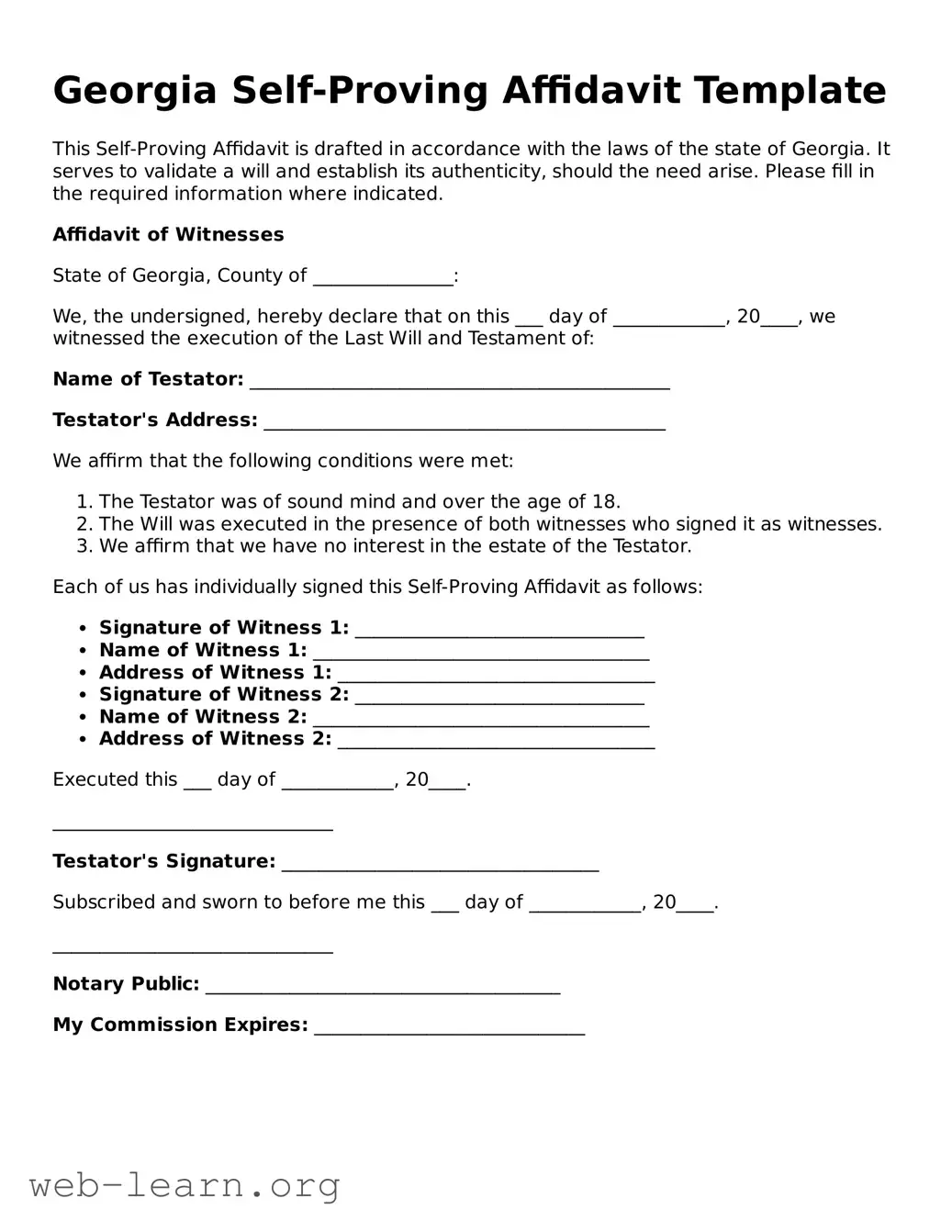 Attorney-Approved Self-Proving Affidavit Document for the State of Georgia