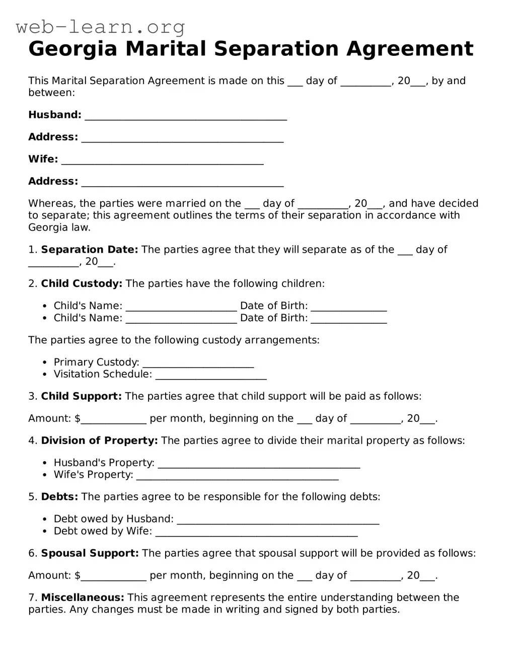 Attorney-Approved Marital Separation Agreement Document for the State of Georgia