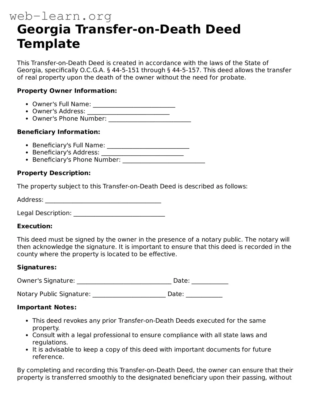 Attorney-Approved Transfer-on-Death Deed Document for the State of Georgia