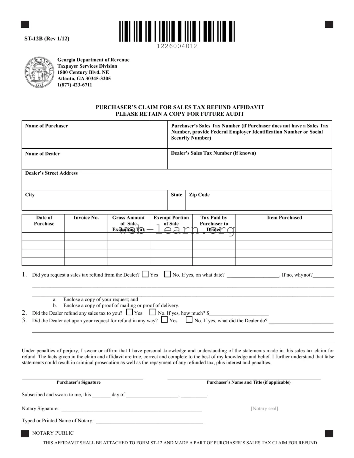 Blank St 12B Georgia Form