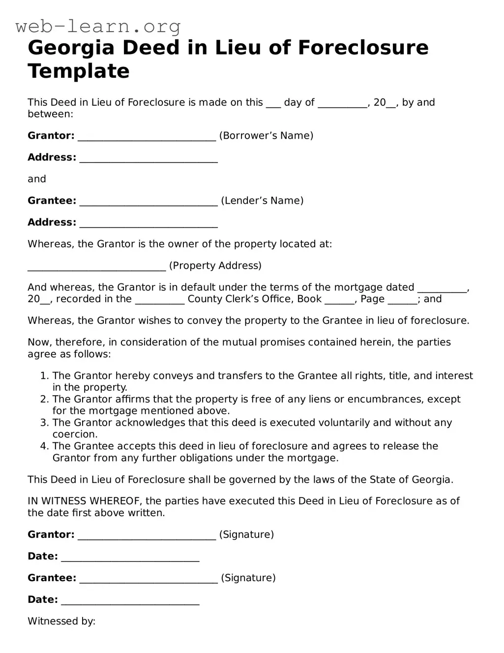 Attorney-Approved Deed in Lieu of Foreclosure Document for the State of Georgia