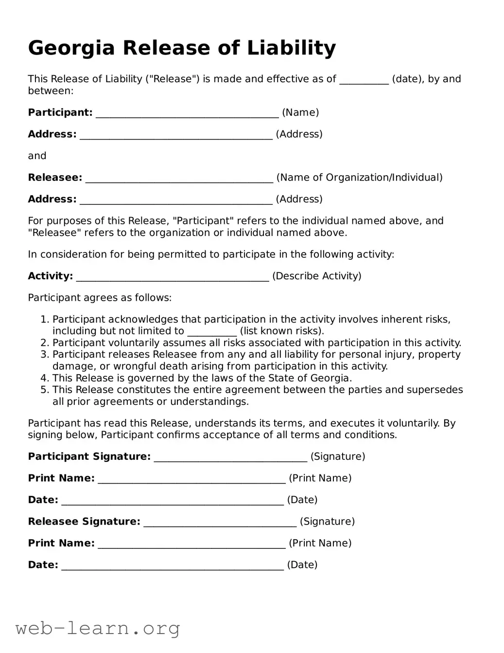 Attorney-Approved Release of Liability Document for the State of Georgia