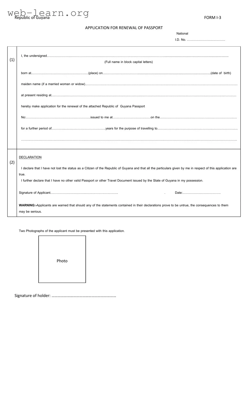 Blank Guyana Passport Renewal Form