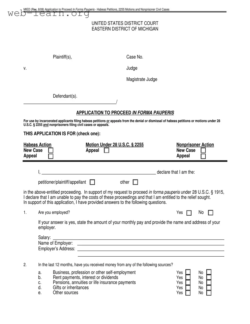Blank Motion Onforma Paupris Michigan Form