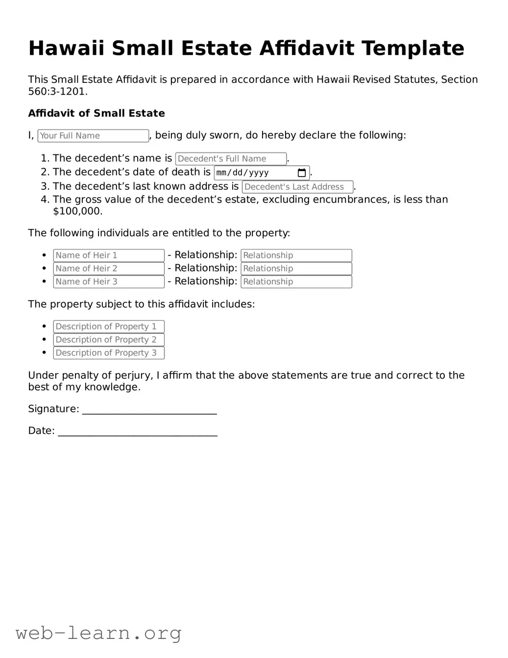 Attorney-Approved Small Estate Affidavit Document for the State of Hawaii