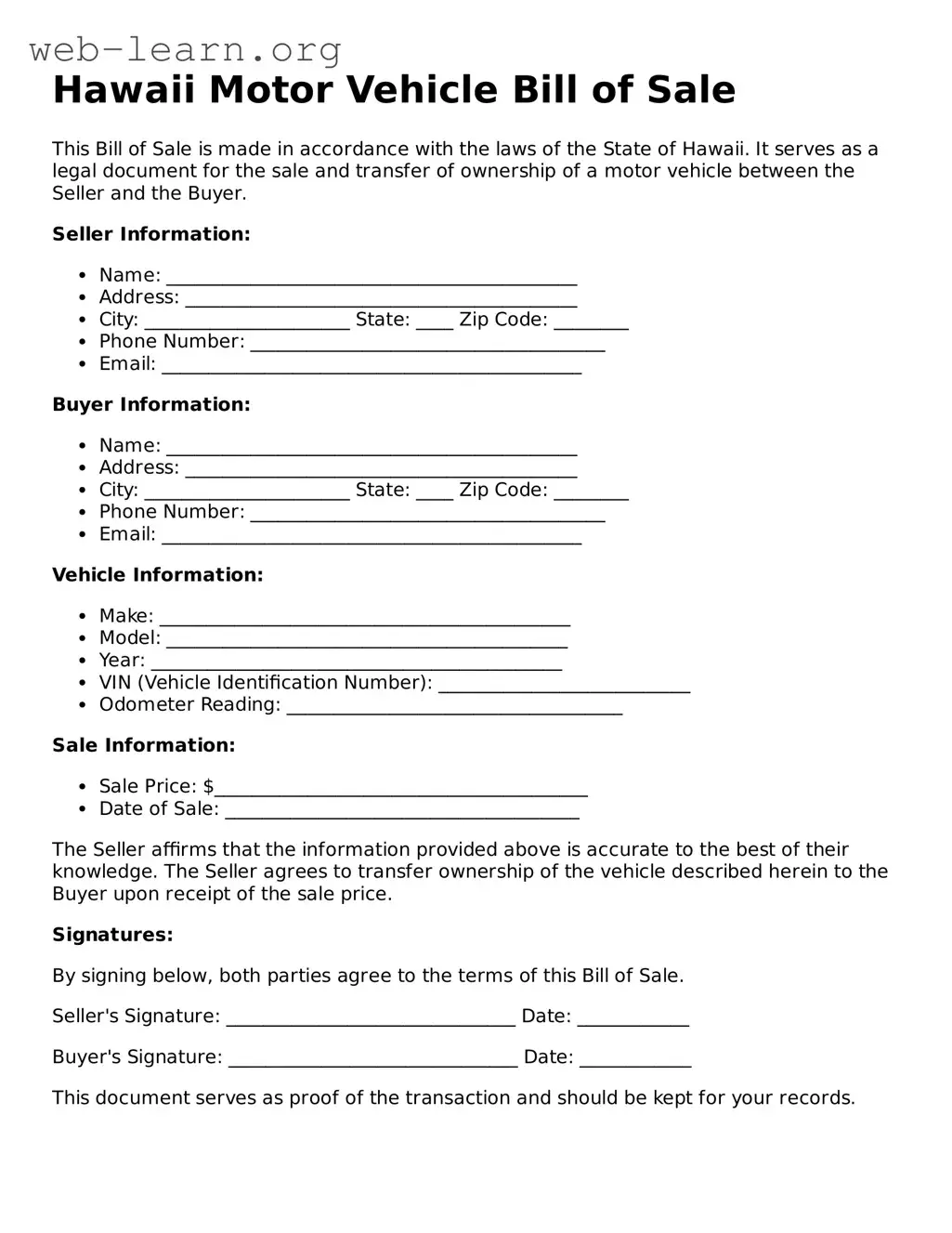 Attorney-Approved Motor Vehicle Bill of Sale Document for the State of Hawaii
