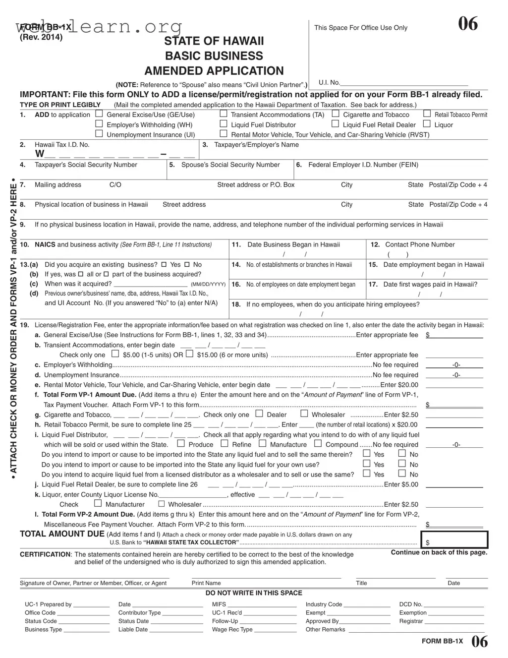 Blank Hawaii Tax Bb1X Form