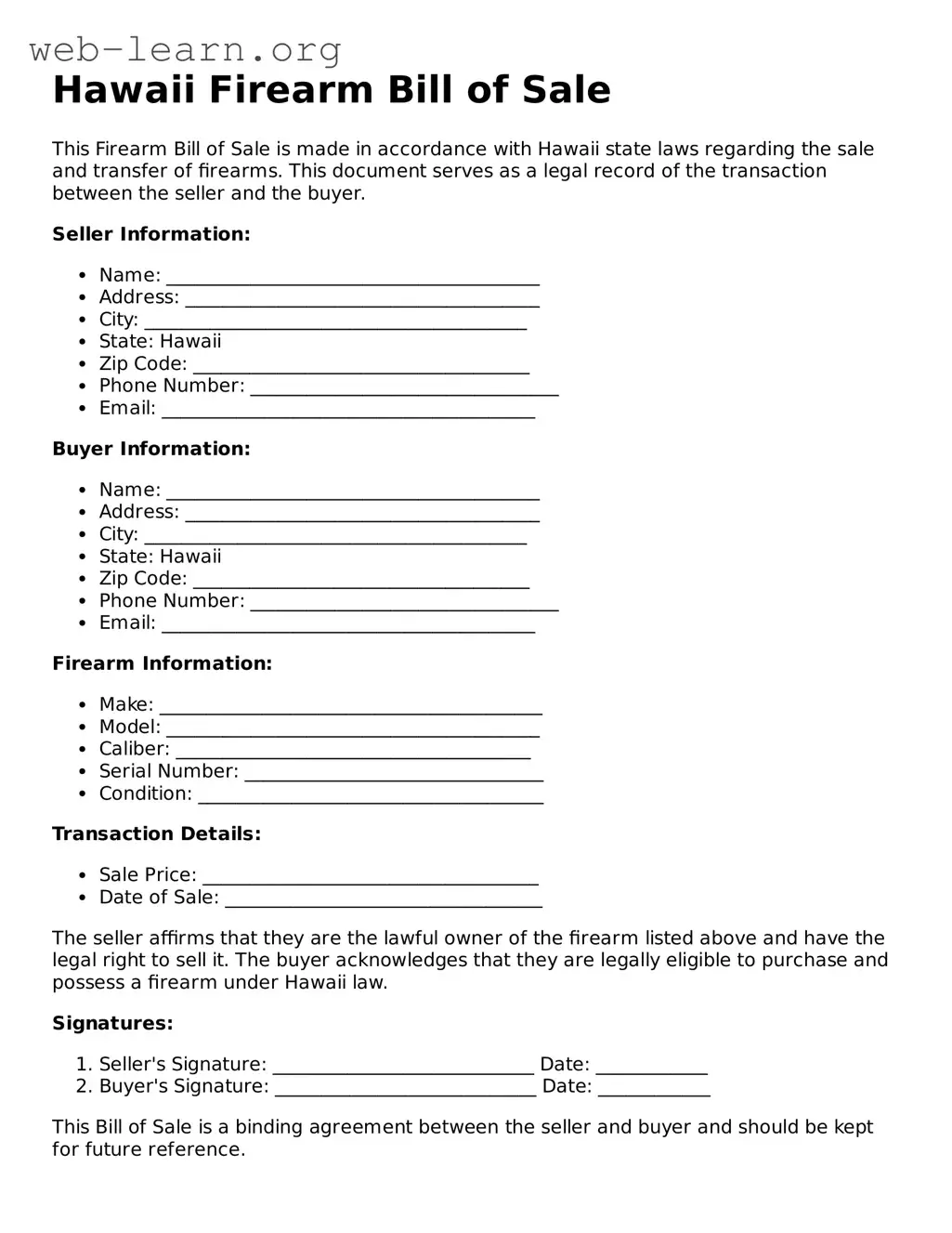 Attorney-Approved Firearm Bill of Sale Document for the State of Hawaii