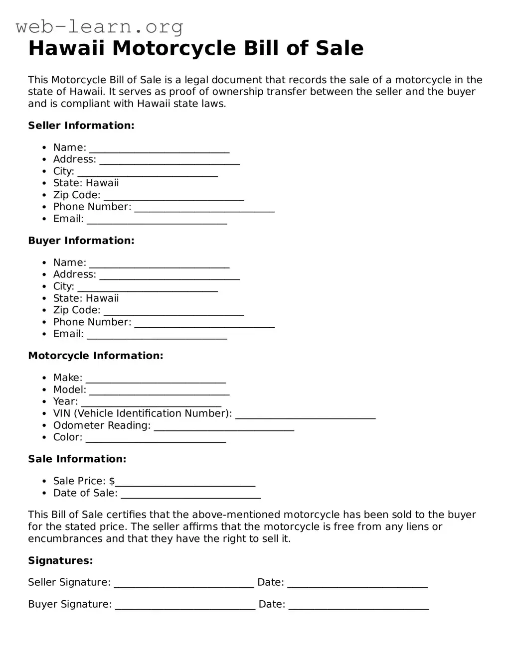 Attorney-Approved Motorcycle Bill of Sale Document for the State of Hawaii