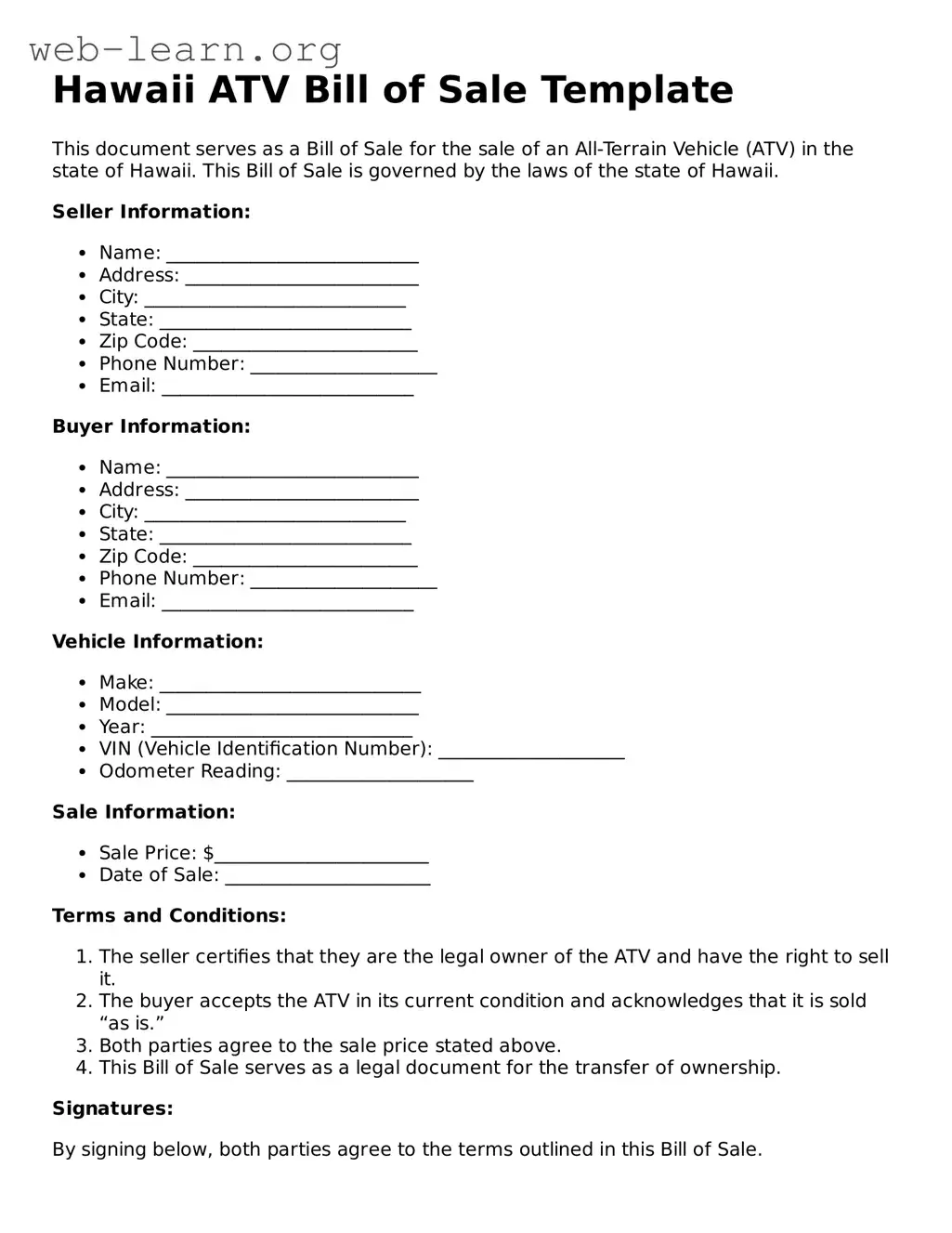Attorney-Approved ATV Bill of Sale Document for the State of Hawaii